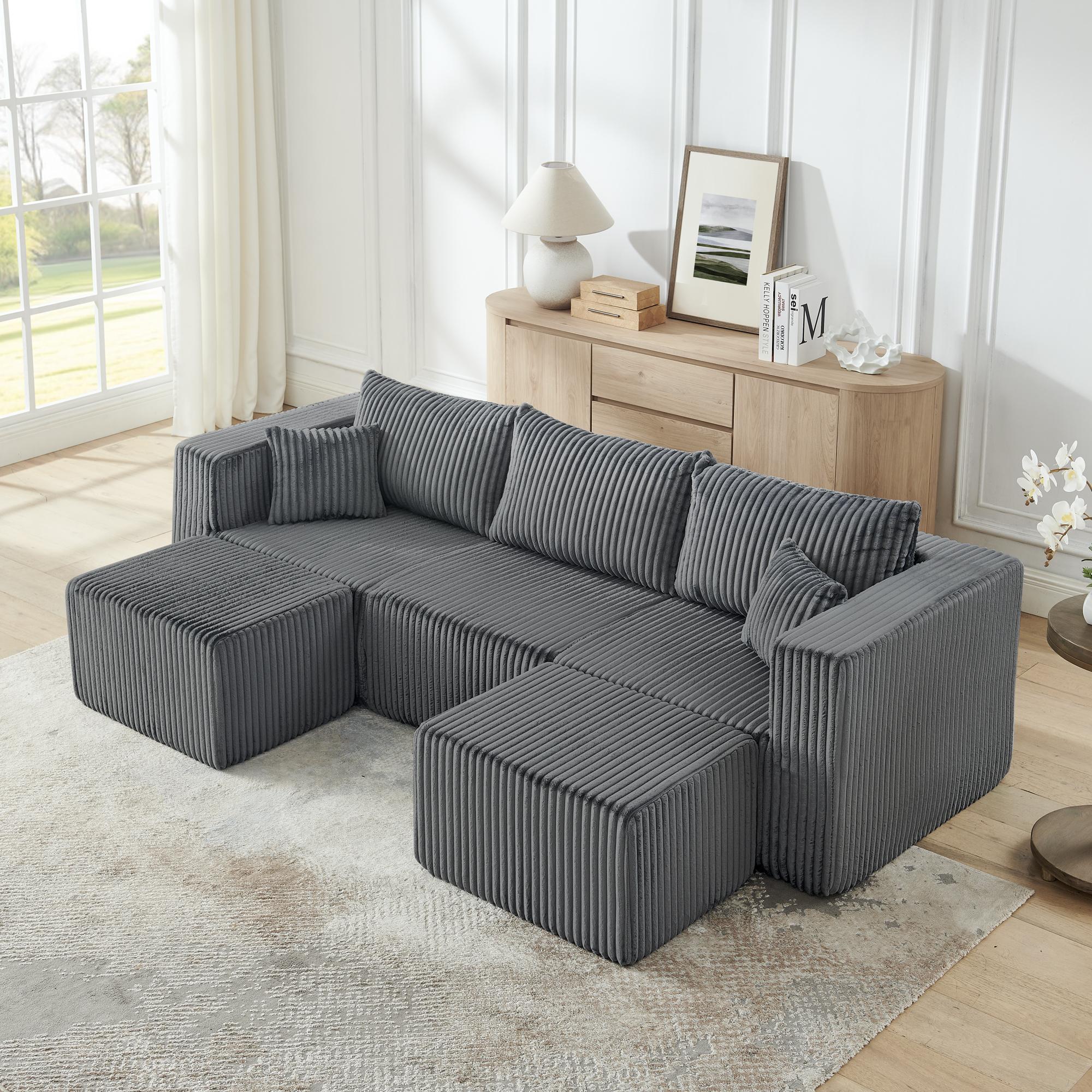 Niccae Small-Scale U-Shaped Compact Modular Sectional Sofa — Textured Corduroy Fabric, Modern Minimalist Style, Ultimate Comfort, Space-Saving, No Assembly Required, Convertible to Bed, Living Room Sofa