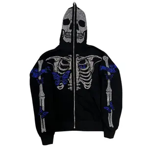 Bmuvlss Men's Gothic Skeleton Print Zip-Up Hooded Cardigan Coat - Full-Zip Jacket with Backbone & Vertebrae Design, All-Season Wear for & Young Men, Machine Washable Gothic Costume (Black) - Casual Outerwear