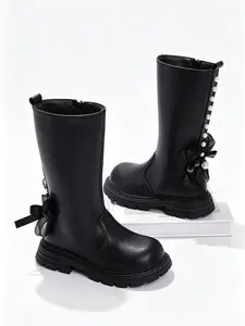 Girls' Elegant Above-The-Ankle Boots, Pearl Bow Decoration, PU Leather, Comfortable Thick Sole, Fall Winter Fashion, Zipper Dress Boots