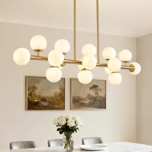 47.8" Brass Linear Chandelier, 16 Lights Mid Century Modern Sputnik Chandelier, Large Pendant Lights Kitchen Island with White Glass Lampshade, Bubble Chandelier for Kitchen Over Table - Gold