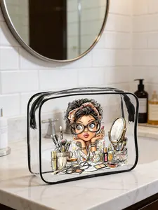 Waterproof PVC Beach Bag, Girl Makeup Scene Print, Transparent Vanity Bag, Holiday Travel Organizer, Tsa Approved, Easy Clean, Unisex, Ideal for Teachers & Nurses