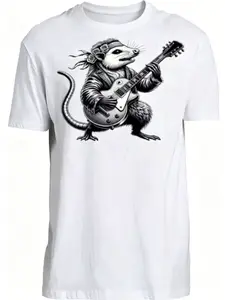 Rock Opossum Playing Guitar Graphic T-Shirt, Funny Animal Music Tee, Casual White Short Sleeve Top for Men Women