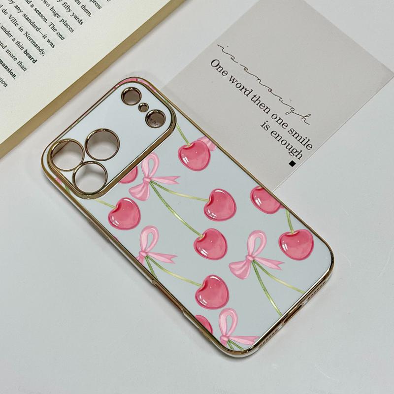 Juicy Pink Cherry Illustrations Phone Case Adding A Touch Of Fresh Romantic Charm To Your Daily Device Premium 6D Solid Color Electroplated With A Smooth Glossy Metal-Like Finish l For Iphone 17 16 15 14 13 12 11