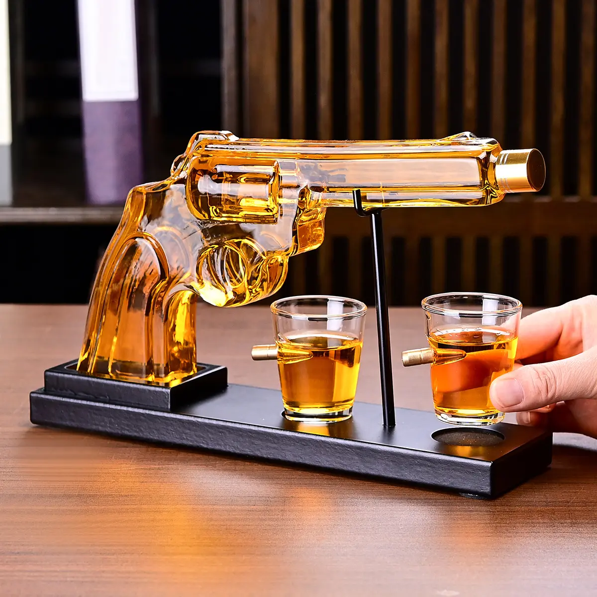 Men Dad Birthday Gift 10 Oz Whiskey Gun Decanter Set with 2 Bullet Glasses Corrosion Resistant Black Stand Idea for Dad's Special Day Utensils