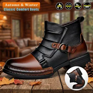 British vintage brown-black colorblock Chelsea men’s boots with distressed details and metal buckles; motorcycle boots with thick height boost; casual workwear boots; versatile for all seasons, comfortable, non-slip, fashionable men’s shoes/boots.