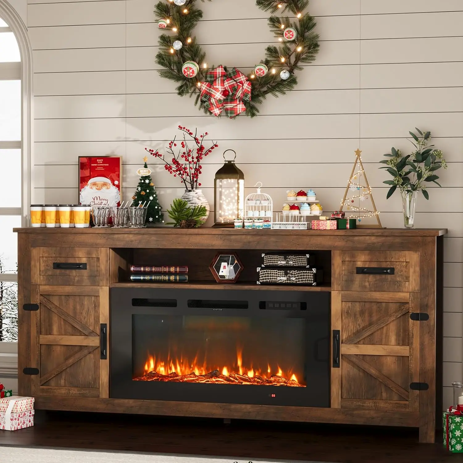 【2 Boxes Shipped At Different Times】Fireplace TV Stand with Barn Door for TVs up to 80", Farmhouse 70" Fireplace Entertainment Center with Storage Cabinets, White TV Stand and Black Fireplace White & Brown,