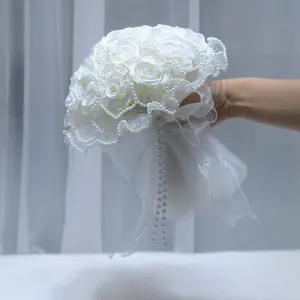 Peach Rose Artificial Wedding Bouquet with Pearl and Satin Ribbon Handheld Fake Flower Bouquet for Brides Bridesmaids Photography Props