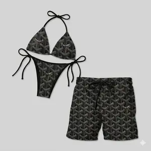 Luxury Monogram Print Bikini & Matching Swim Trunks Set for Couples – Sexy Triangle String Bikini, Quick Dry Beach Shorts, Designer Inspired His and Hers Swimwear, Summer Vacation Pool Party Outfit