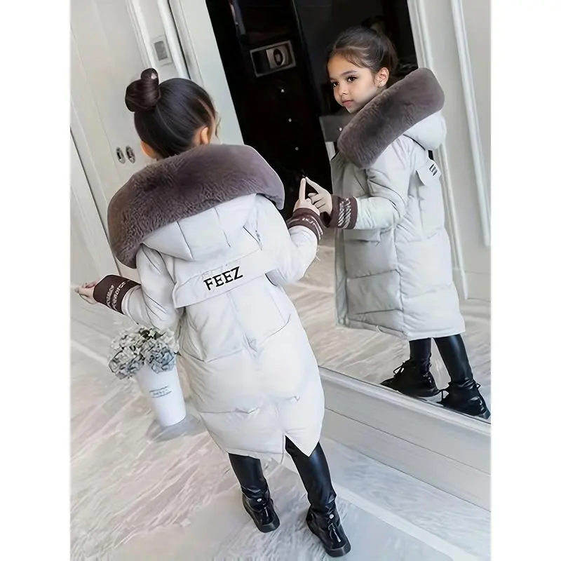 Girls' 2023 Winter Hooded Mid-Length Korean Casual Coat - Thick Polyester Alphabet Print Snow Jacket for Kids, Long Sleeve, Mid-Length Coat, Prop 65 Safe, 11-12Y, Fitted With Hood Girls' Winter Coats