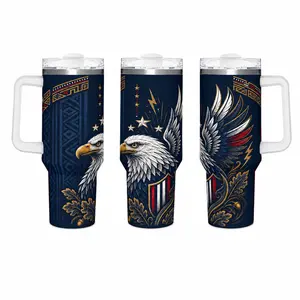 40oz Handled Insulated Stainless Steel Tumbler, Patriotic Bald Eagle USA Star Striped Shield Oak Leaf Tribal Border Full Wrap Art Travel Mug, Double Wall Vacuum Insulation, Leak Proof Straw Lid, Cup Holder Compatible