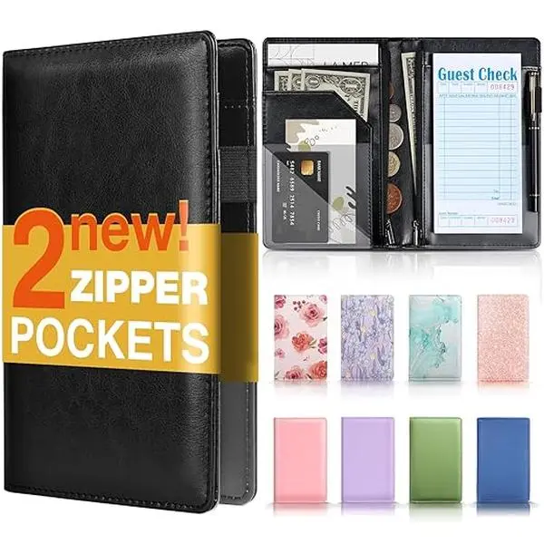 Server Book, 2 Zipper Pocket, Server Books for Waitress, Waitress Book for Servers, Fits Waitress Apron, Guest Book, Waitress Accessories, Serving Book,Receipt Holder, Black