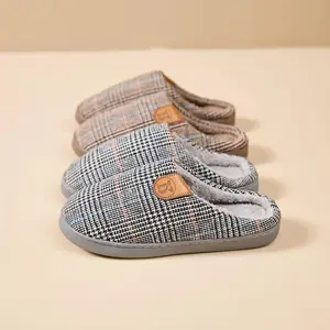 Cotton Slippers for Men & Women Autumn Winter Anti-Slip Fluffy Indoor Warm Thick Soles Stylish Punk Clogs Light Gray Plaid Design Multiple Colors House Slippers