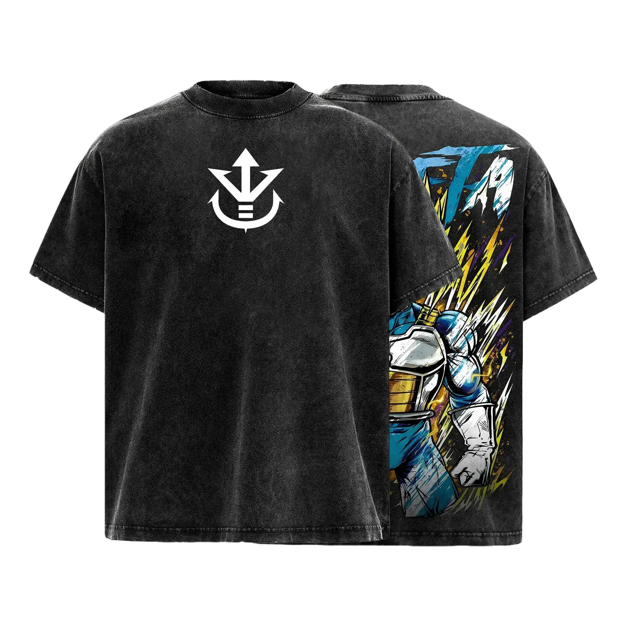 Golden Saiyan Warrior Saiyan Prince Super Power Anime Fighter Shirt Washed Heavy Cotton Tee Streetwear Graphic Back Cool Warrior Design Inspired Dragon Hero Vintage Oversized Y2K Gym Pump Cover Retro Manga Otaku Viral TikTok Gift For Him
