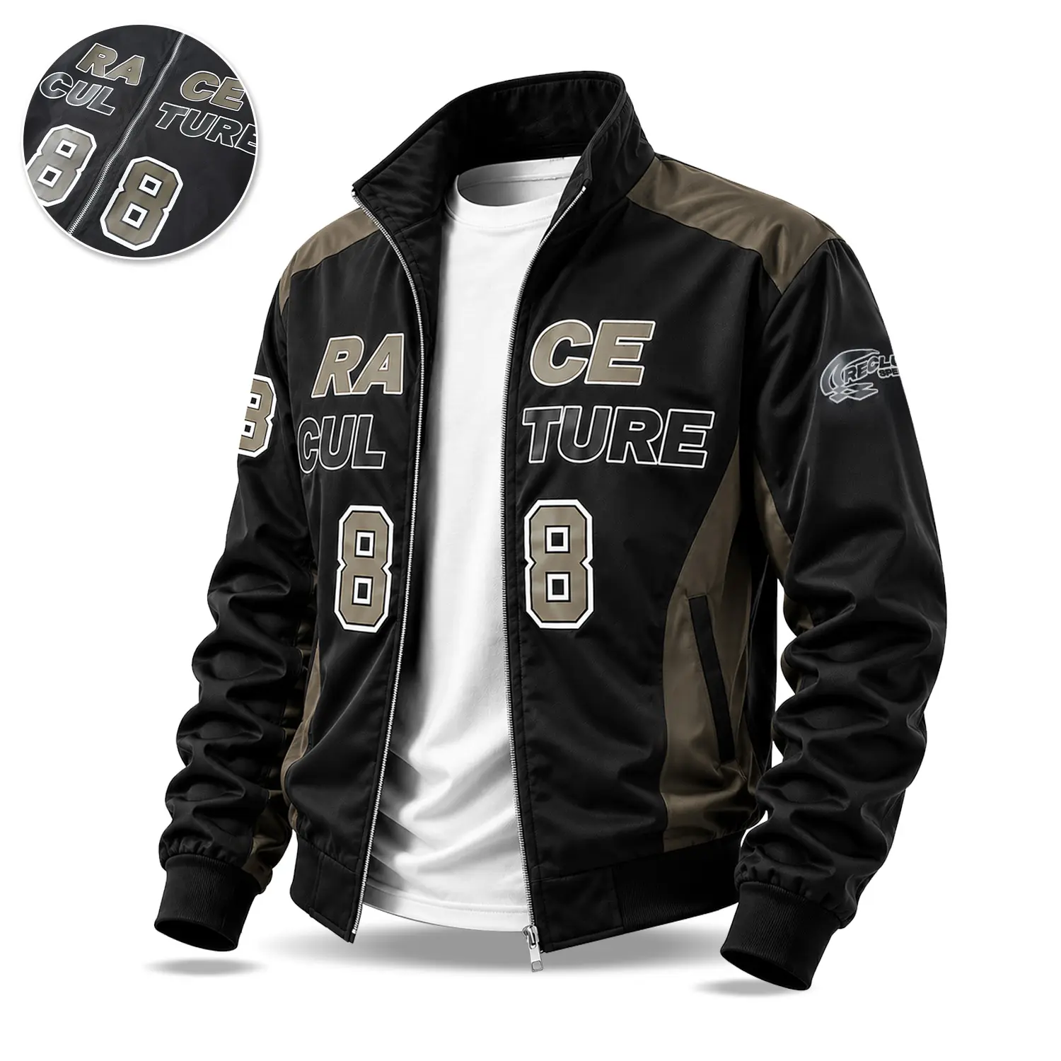 Men’s black-and-brown colorblock racing-style baseball jacket featuring “RACE CULTURE” and number 88 theme prints, a stand collar design, ribbed cuffs and hem, and a full zip front; lightweight fabric suitable for streetwear, retro racing looks, and every