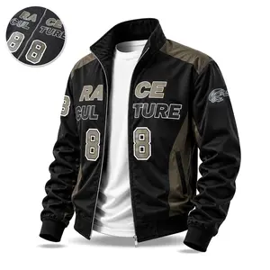 Men’s black-and-brown colorblock racing-style baseball jacket featuring “RACE CULTURE” and number 88 theme prints, a stand collar design, ribbed cuffs and hem, and a full zip front; lightweight fabric suitable for streetwear, retro racing looks, and every