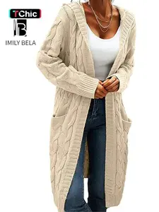 Women's Pocket Drop Shoulder Cardigan, Hooded Long Sleeve Warm Top, Casual Textured Knit Open Front Cable Outwear, Sweaters for Women（gift）