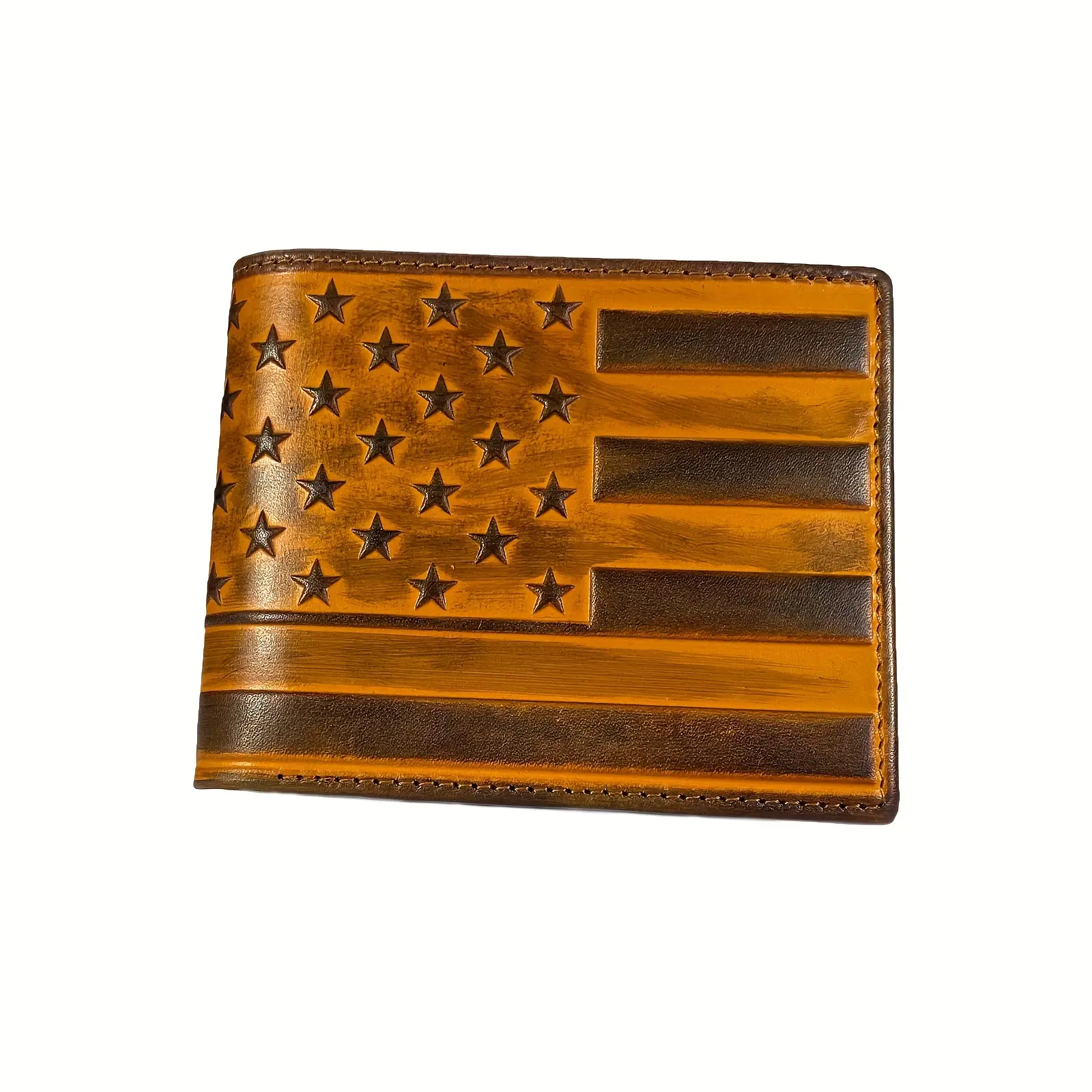 Men's Full Grain Leather Short Wallet - American Flag Design Western Cowhide Bifold, Durable Genuine Leather Credit Card Holder, Gift for Husband, Durable Bifold Wallet, Genuine Leather Wallets
