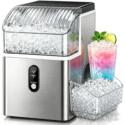 COWSAR Compact Countertop Pellet Icemachine - 1-Button Quick Ice Maker (34Lbs/Day, 1.1L/0.3gal), Soft Chewable Nugget Cubes, Self-Cleaning Portable Stainless Steel Plastic Appliance, 11.3x8.66x12.68in, 11.3" Footprint Saves Space for Home Use, Pellet Ice