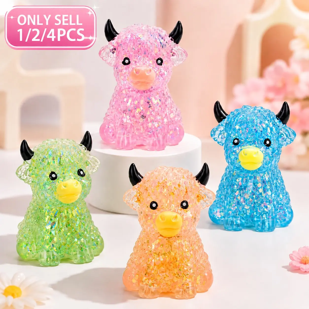 Highland Cow Squishy, 1/2/4 PCS Mini Animal Decompression Squeeze Toy for Adults, Slow Rising Sensory Fidget Stress Ball for Anxiety Relief, Glitter Highland Squishies Fidget Toy for Animal Lovers, Fidget Sensory Product