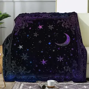 Vintage Moon Star Flannel Blanket Celestial Night Sky Design Mixed Color Palette Ultra Soft All Season Throw Perfect Christmas Birthday Housewarming Gift For Stargazing Lovers