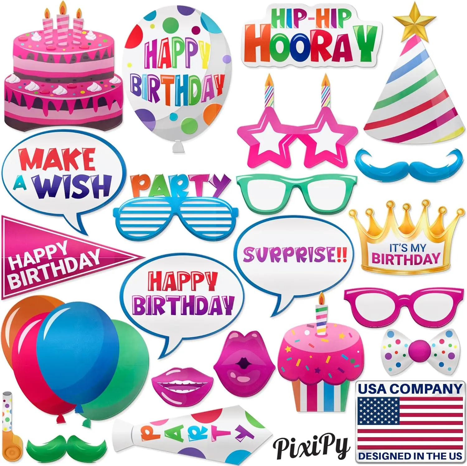 PixiPy 22-Piece Durable, Ergonomically Designed, Natural Lightweight Multicolored Cardboard Novelty Photo Booth Props Set - Hand Props, Tiara, Adult Party Accessories for Happy Birthday Celebrations, Masks