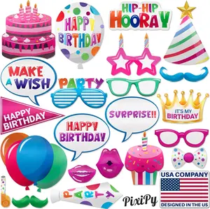 PixiPy 22-Piece Multicolored Birthday Photo Booth Props Set - Cardboard Party Accessories for Adults, Funny Selfie Props for Birthday Photo Shoots & Celebrations
