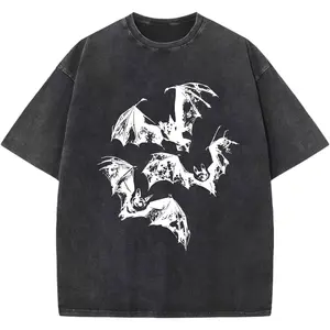 Oversized Mens Graphic Tees Bat Print Vintage Shirt Streetwear Acid Wash Cotton Tshirt Baggy Y2k Short Sleeve Tops