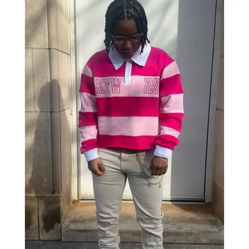 Pink Rugby Polo Shirts Hip Hop Men Stripe Print Lapel Neck Shirt
