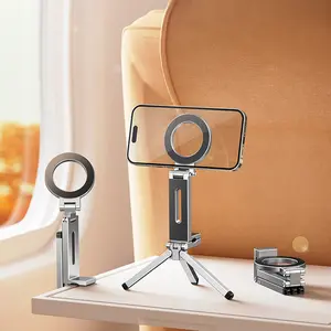 Magnetic Phone Tripod,Mini Tripod Stand ,Foldable and Portable Aluminium Phone Stand with 360° Adjustable Magic Clip for iPhone 15 14 13 12 11 Series and Android Phones