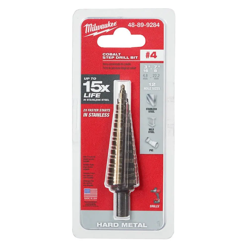Milwaukee 48-89-9284 Cobalt Step Drill Bit #4, 3/16"-7/8" Size for Drilling Holes
