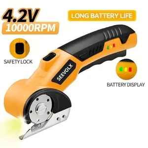SEEVOLX Heavy Duty 4V Brushless Electric Scissors, Cordless Rechargeable Power Shears w/ Safety Lock & LED Light, Multi-Purpose Cutting Tool for Fabric, Leather, Carpet & Cardboard, Great for DIY & Sewing