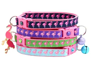 Pugs to Persians Pink Flamingos Breakaway Safety Collar for Cats Handmade in USA Reinforced Cotton Contoured Hardware with Bell Charm or None