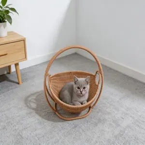 Wicker-woven hanging multi-functional cradle, easy-to-assemble hammock with stand, lightweight and sturdy structure, suitable for small pet beds of 6.61 pounds (3 kg), ideal gift for kittens and cat owners, (Model DM025)