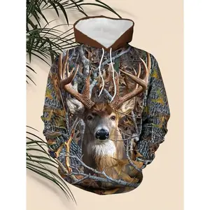 [3D Printed] Men's 3D Printed Deer Hoodie |   Polyester |   Long Sleeve, Regular Fit, Hooded Sweatshirt |   Casual, Daily Wear |   Spring/Autumn Fashion