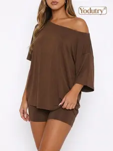 Yodutry Women's Casual Two-Piece Loungewear Set — Off-Shoulder Top and Slim-Fit Shorts (Spring/Summer Style)