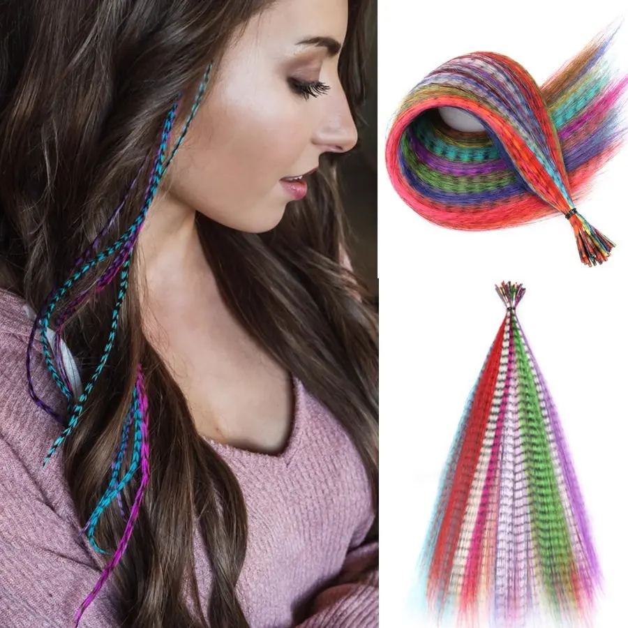 Colorful feather hair extensions, colorful feather stripe hair extensions, high-temperature fiber wigs, available in stock