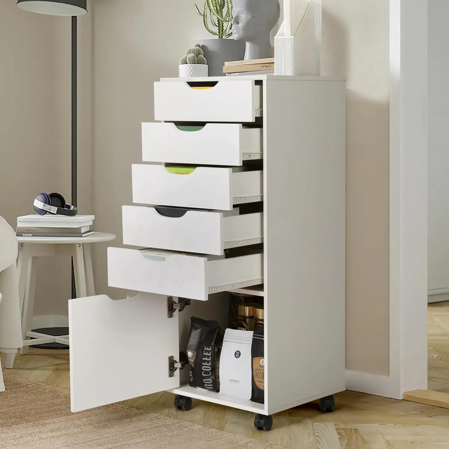 VOWNER 5-Drawer Organizer with Door, Tall Chest of Drawers with Caster Wheels, Alex Drawers File Vanity Storage for Home, Office, Bedroom