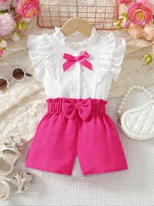 Baby Girl Summer Set, Sweet Princess Style, Bow Button Ruffle Sleeveless Top + Waistband Shorts, Breathable Comfort Fit, Baby Clothing