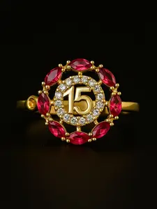 Sweet 15 Ring 14K Yellow Gold Ruby CZ for Women Girls Ladies Anniversary Gifts Quinceanera Anillo Birthday #7 Elegant Design Luxurious Look