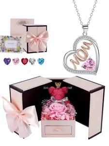 Dual Heart Mom High-end MOM heart-shaped gem necklace.Paired with a preserved rose & teddy bear jewelry gift box.Perfect mysterious gift for festivals, birthdays, Valentine's Day, Mother's Day and Christmas.