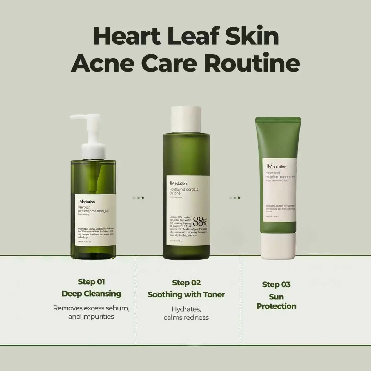 JMSOLUTION Heart Leaf Skin Care Bundle SPF 50 Sunscreen Cleansing Oil Soothing Toner with Hyaluronic Acid Centella Asiatica Aha Calming for Sensitive Skin