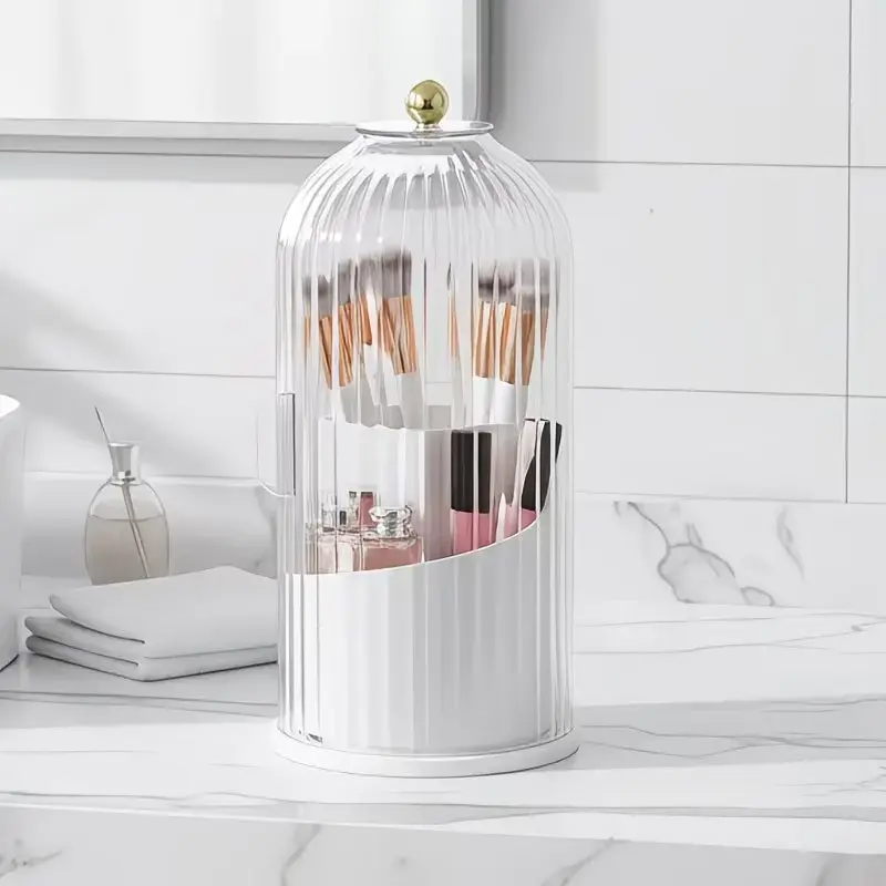 Acrylic Plastic Covered Toothbrush Cup Holder - 360° Rotate Table Mount Organizer, Multi-Use for Cosmetics, Pens, Makeup Brushes, Suitable for Bathroom, Dressing Table, Covered Toothbrush Holder