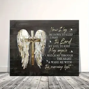 [1 Piece Crown of Thorns Cross Angel Wings Wall Art] Holy Crown Wall Art Canvas - Spiritual Decoration with the Prayer "Now I Lie Down to Sleep", Wooden Frame Canvas Print, Suitable for Home and Classroom Decoration, Ready to Hang - 1 Piece