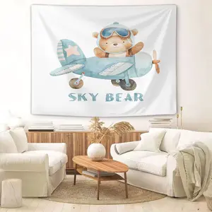 Teddy Bear Airplane Themed Tapestry, a Modernistic Teddy Bear Tapestry With a Cute Airplane and Bear Print, The Ideal Decoration for Creating a Stylish Bedroom.