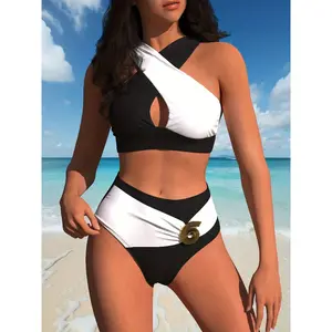2026 New Black-White Color Block Cross Halter Bikini, Metal Shell Buckle High Waist Two-Piece Swimsuit