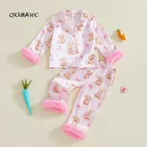 Girls Easter Pajama Sets Long Sleeve Lapel Button Up Bow Rabbit Print Shirt Pants Sleepwear
