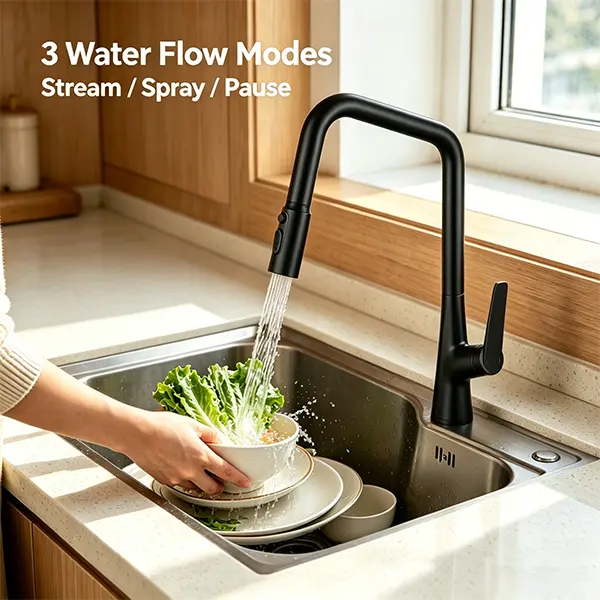 Matte Black Pull-Out Kitchen Faucet, 3-Function Spray Head with 1-Touch Switching, 360° Swivel High-Arc Sink Faucet, 23.6in Hose, FastConnect DIY Installation for Modern Kitchens