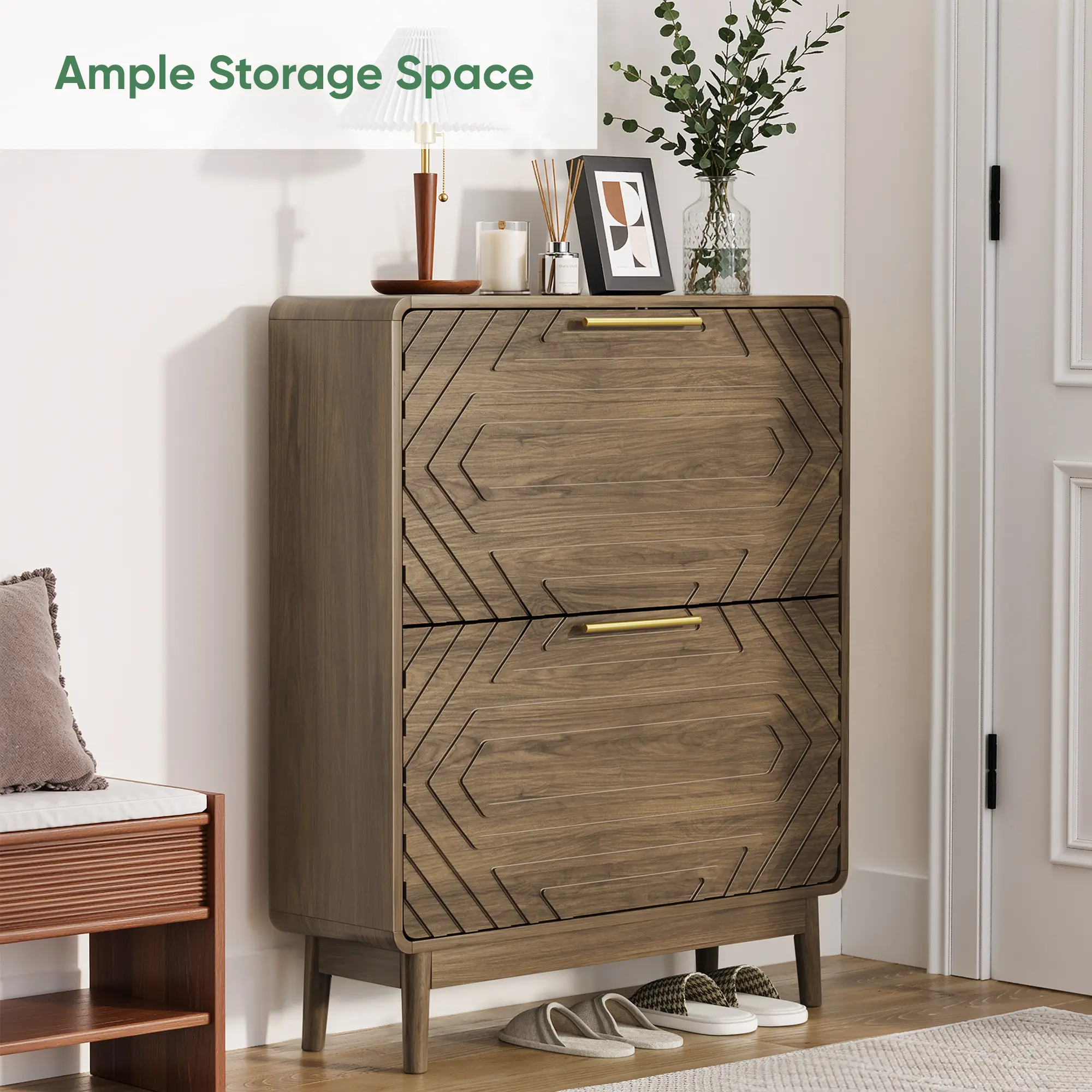 Shoe Storage Cabinet with Hand-Carved Raised Embossed 2 Flip Drawers,Slim Shoe Rack Cabinet, Narrow Shoe Cabinet Storage for Entryway Entrance, Freestanding Shoe Organizer Cabinet (Walnut)