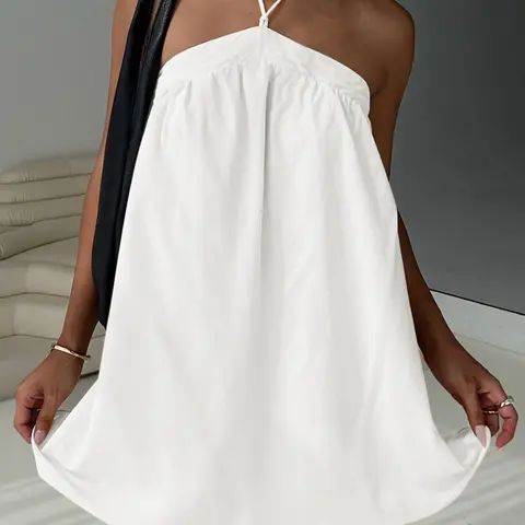 Women's Solid Halter Neck Cami Dress, Halter Slip Dress, Elegant Sleeveless Dress, Casual Sleeveless Tie Shoulder Short Dress for Summer, Ladies Clothes for Beach Holiday