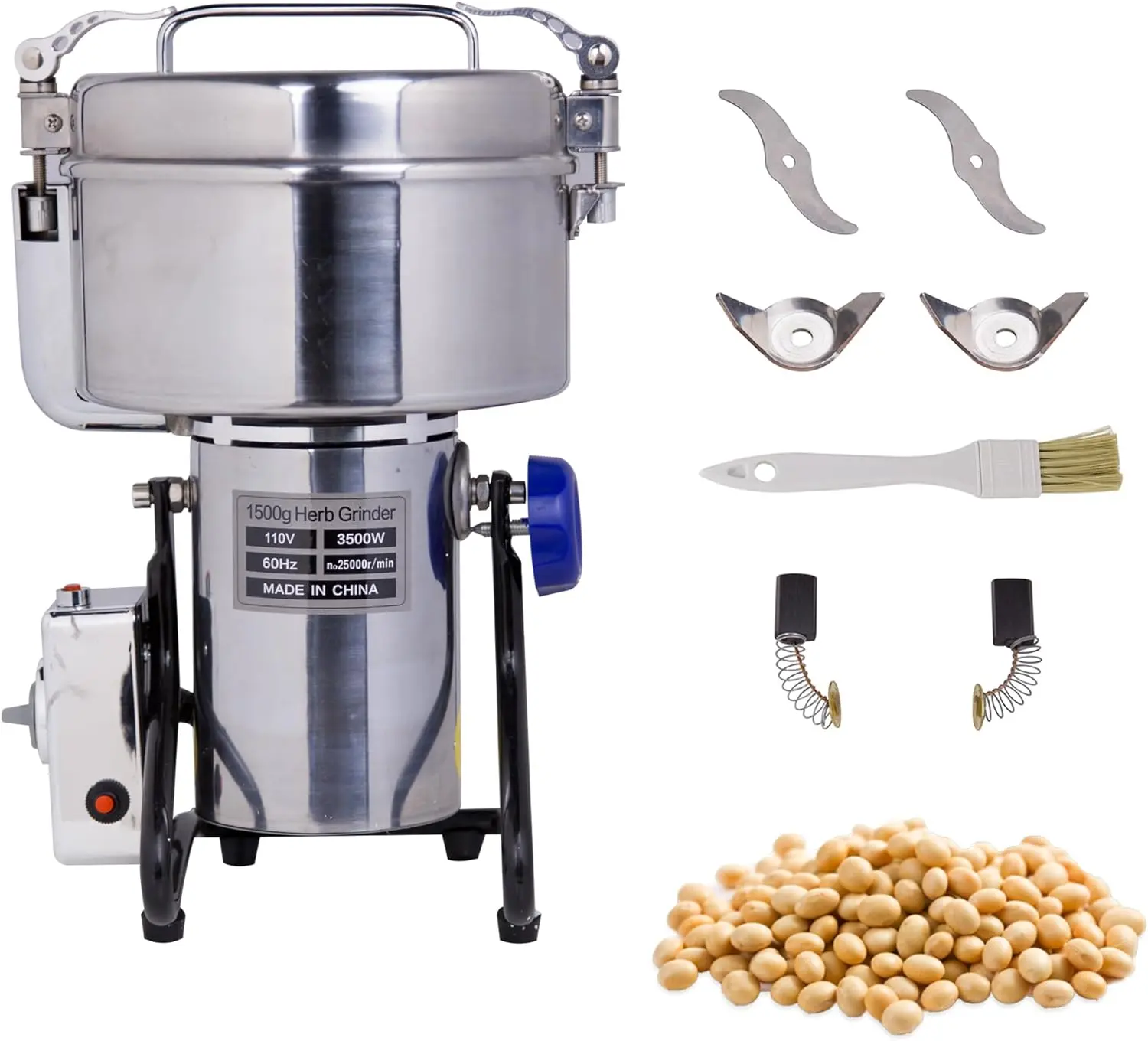 Hakka Compact Electric Grain Mill - 3500W, 110V Plug, 1500g Capacity, 25000r/min, 270° Swing Design, 30b, Stainless Steel & Aluminium Alloy, Overload Safe, Easy to Clean with Brush for Coffee Lovers, Cumin Lovers, Seeds, Flour, Wheat